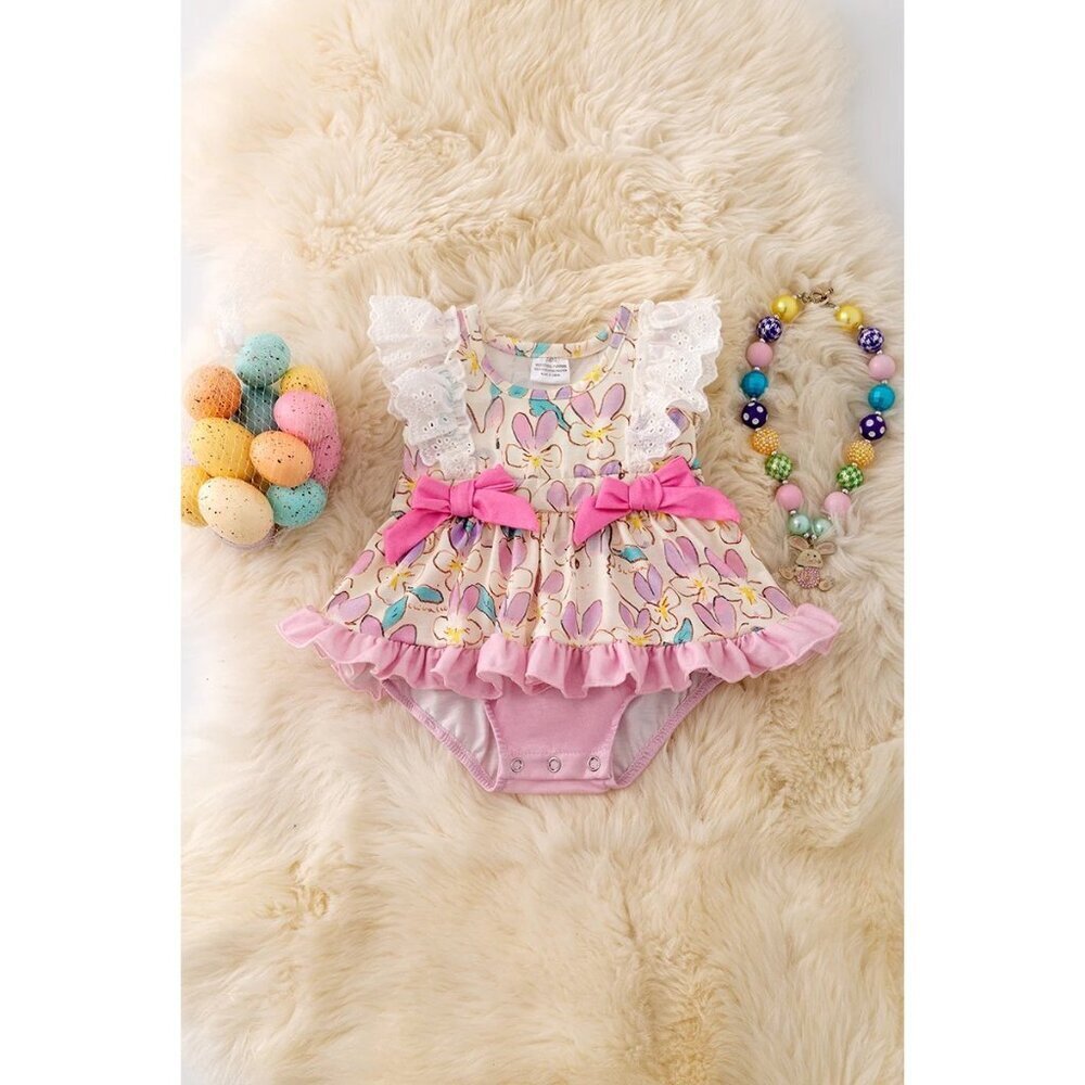 Lilac, blue & fuchsia twirl onesie with side bows. RPG50210 SOL